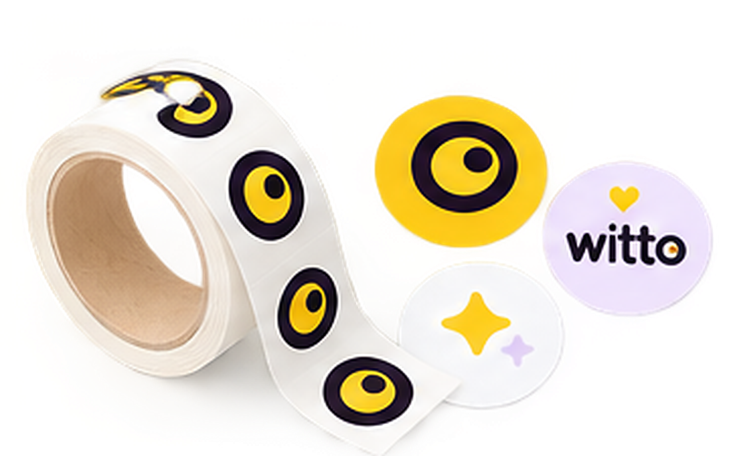 A roll of Witto stickers printed with the eye mark, alongside loose stickers.